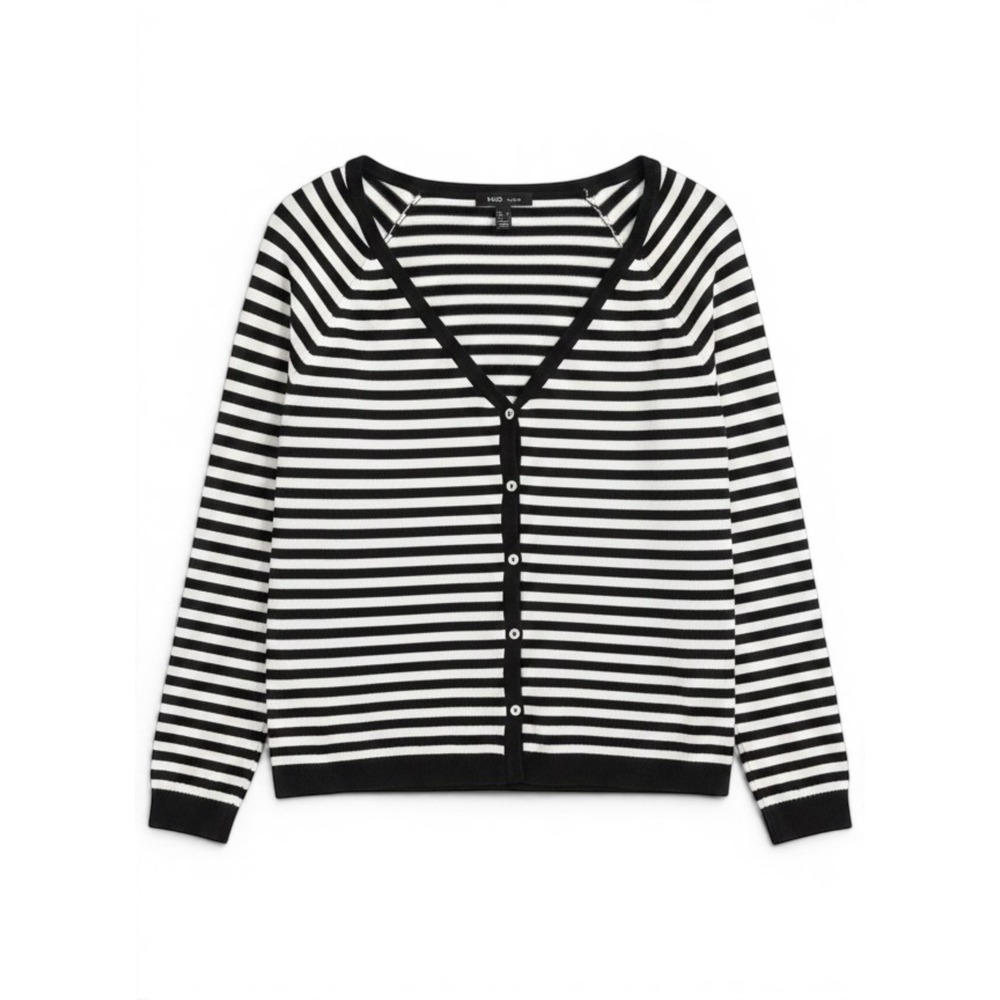 MNG Basics Cardigan Women M Black White Stripe Button Front Knit Preppy Parisian